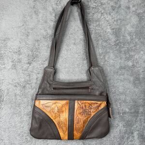 Vintage Tooled Genuine Leather Shoulder Bag Floral Mexico Zip Close Gray Brown